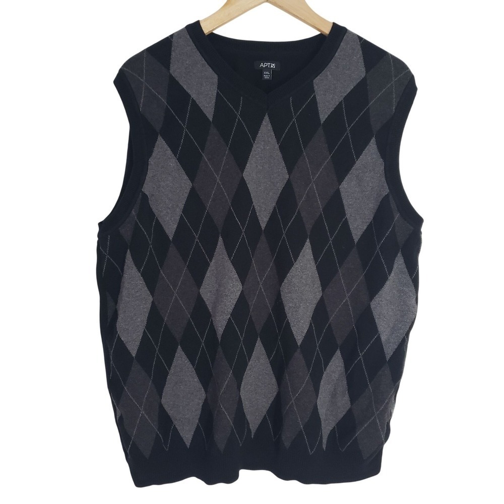 Apt 9 Mens XXL Black Gray Argyle Sweater‎ Vest Cotton Sleeveless Dark Academia